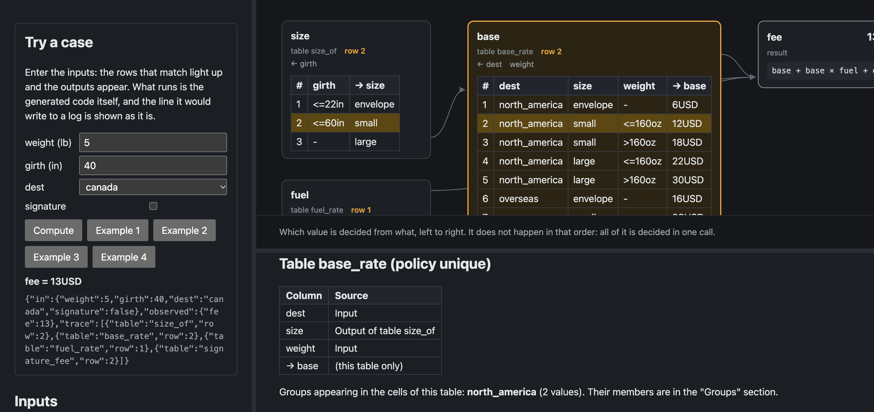 The same board with base selected: the card is in colour, and the dock below holds the "column / source" table of base_rate and what rulec check verified