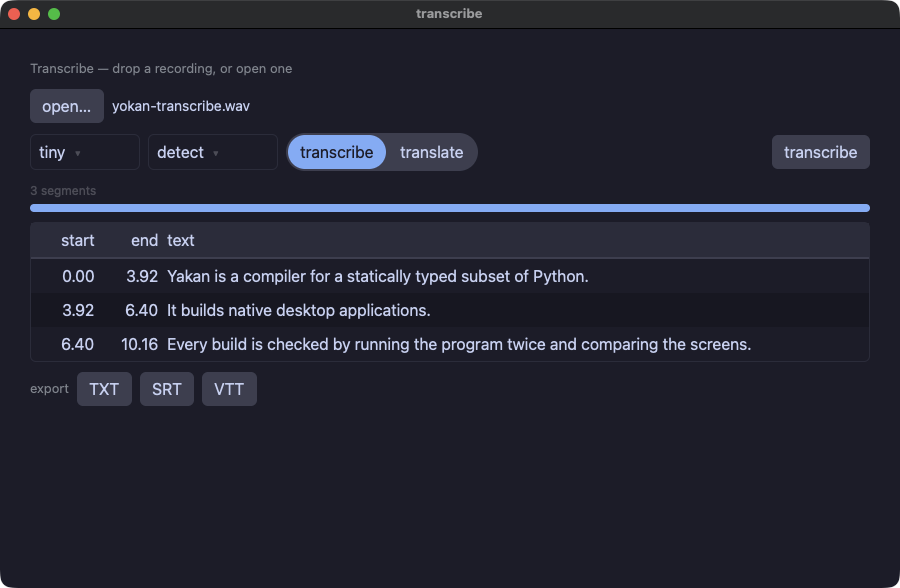 A recording transcribed: its segments in a table with timestamps, and TXT / SRT / VTT export